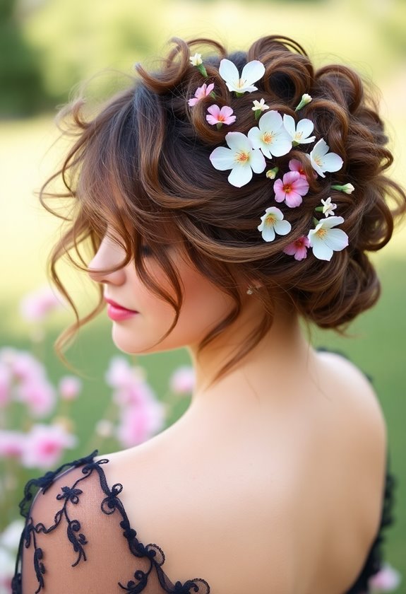 messy curly updo flowers